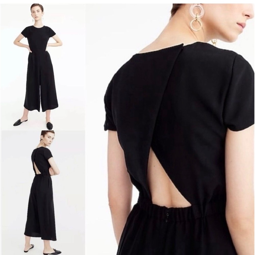 J.Crew Black Crepe Wide Leg Open Back Jumpsuit H6966 Womens Size 2 Short Sleeve